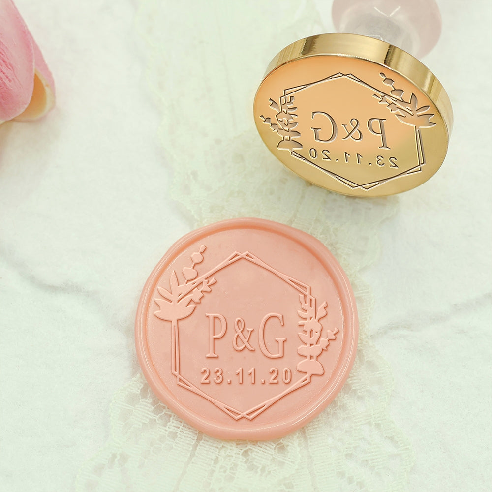 Botanical Hexagon Wedding Custom Wax Seal Stamp with Double Initials-1